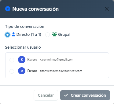 Vista de conversación privada del chat interno
